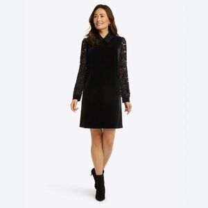 Draper James Sz 6 S Black Velvet Mini Shift Dress Lace Sleeves Collar ($175)